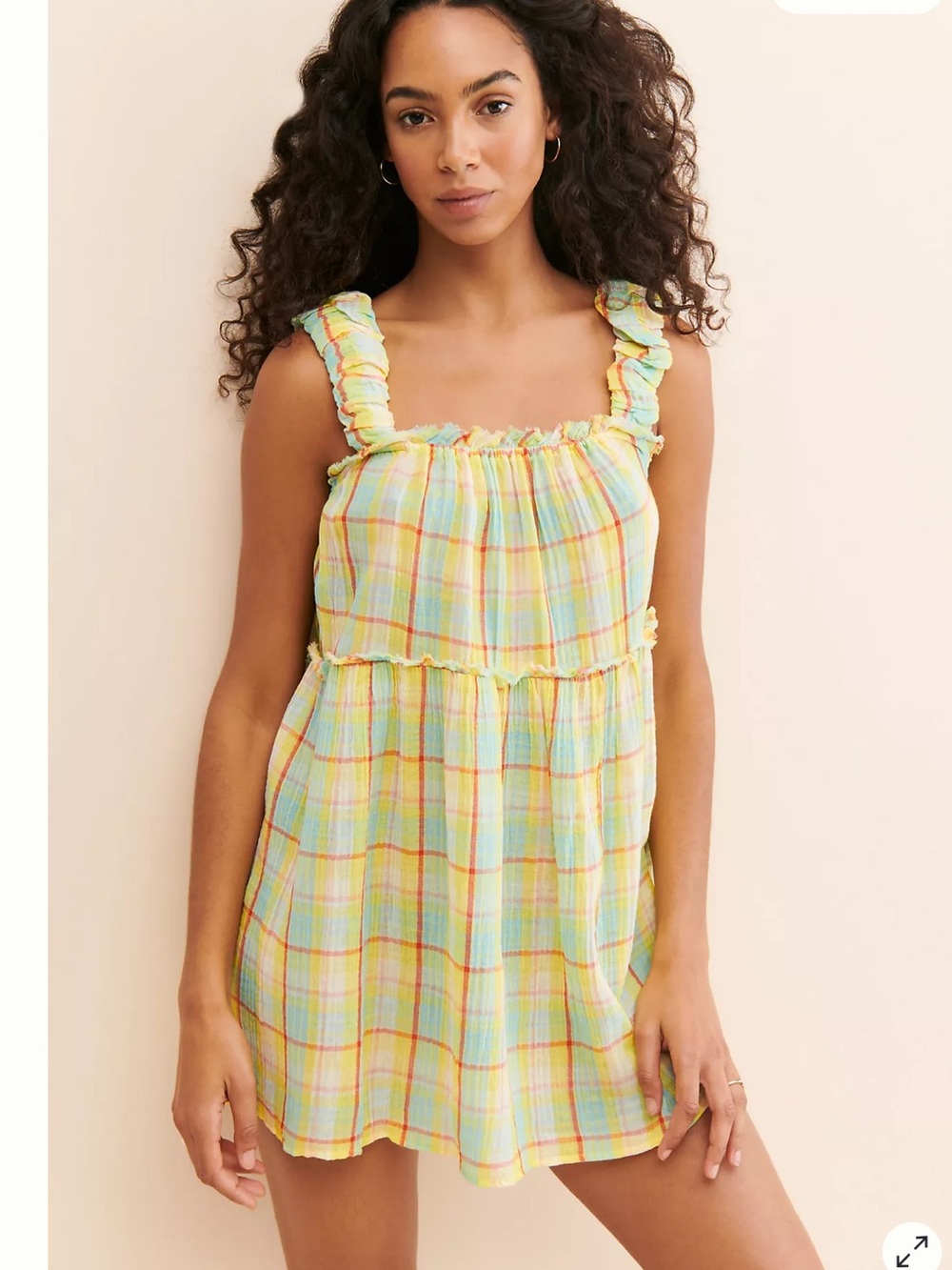 Anthropologie Plaid gauze Ruffle Mini Dress Boho Babydoll yellow size XL
